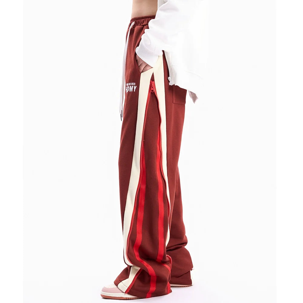 Men Sweatpants Casual Straight-Leg Sweatpants Zipper Color Contrast Patchwork Wide Leg Pants Sports Pants