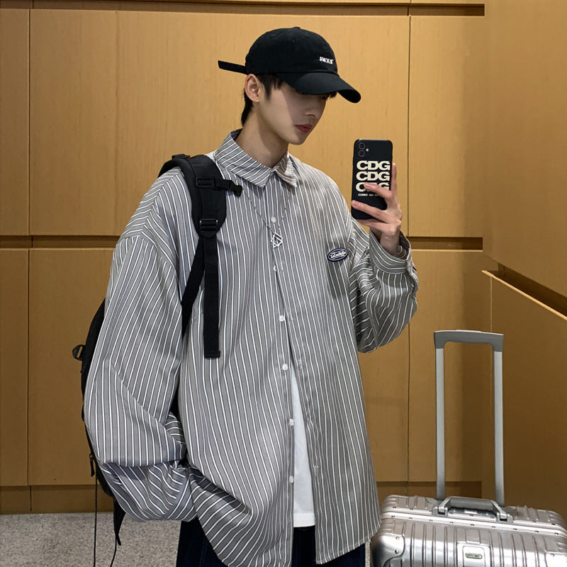 Men Shirts Long Sleeve Striped Shirt for Teenagers Baggy Coat