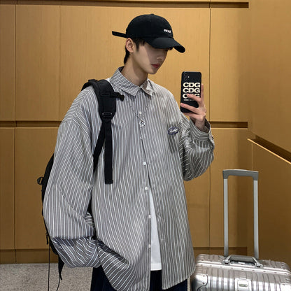 Men Shirts Long Sleeve Striped Shirt for Teenagers Baggy Coat