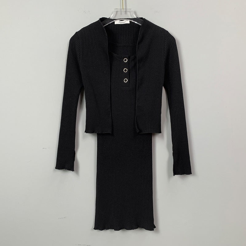 Women Dresses Square Collar Vest Camisole Cardigan Jacket Long-Sleeved V-neck Dress