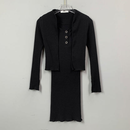 Women Dresses Square Collar Vest Camisole Cardigan Jacket Long-Sleeved V-neck Dress