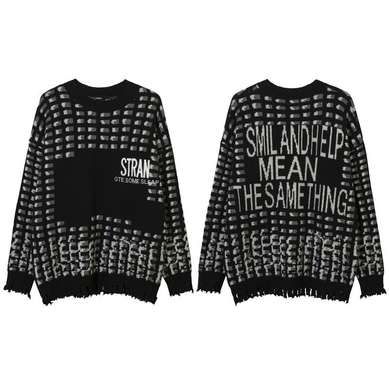Women Sweater Contrasting Color Jacquard Special-Interest Design Loose Hole