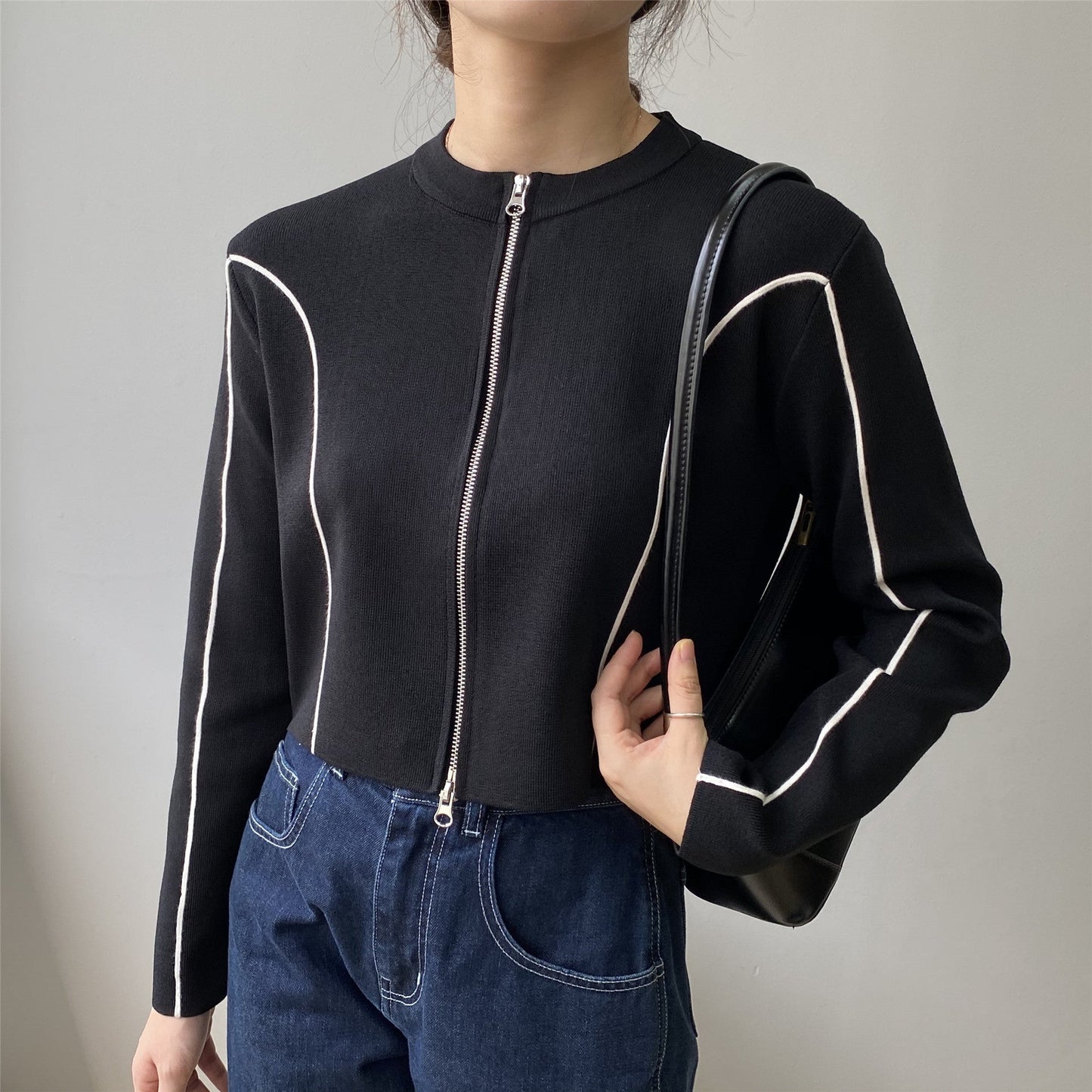Women Cardigan Sweater Zipper Short Jacket Knitted Hong Kong Style Sweater Coat 20238t7217