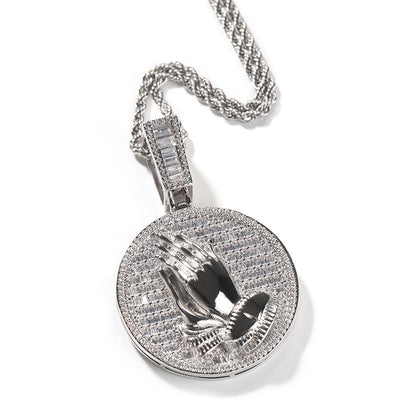 Jewelry Disc Fashion Pendant Necklace Copper with Zircon Praying Hand Jesus Pieces Spectrum