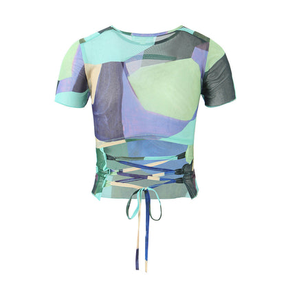 Women Tops Summer High Elastic Mesh Printed Lace-up T-shirt Sexy Top