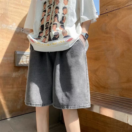 Men Jeans Denim Shorts Summer Retro Casual Baggy Straight Trousers