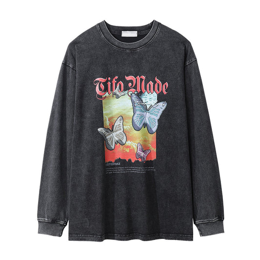 Men Long Sleeve T-Shirt Sunset Butterfly Landscape Pattern Distressed