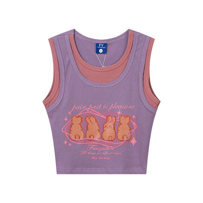 Women Vest Vintage Vintage Printing Color Contrast Sleeveless T-shirt
