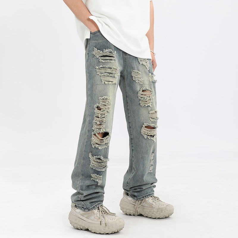 Men Jeans Ripped Jeans Vintage Distressed Straight-Leg Denim Trousers