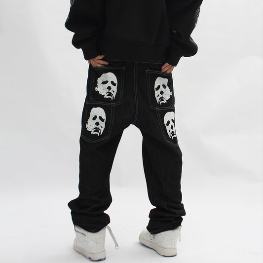 Men Jeans Face Printing Casual Straight Pants Trend