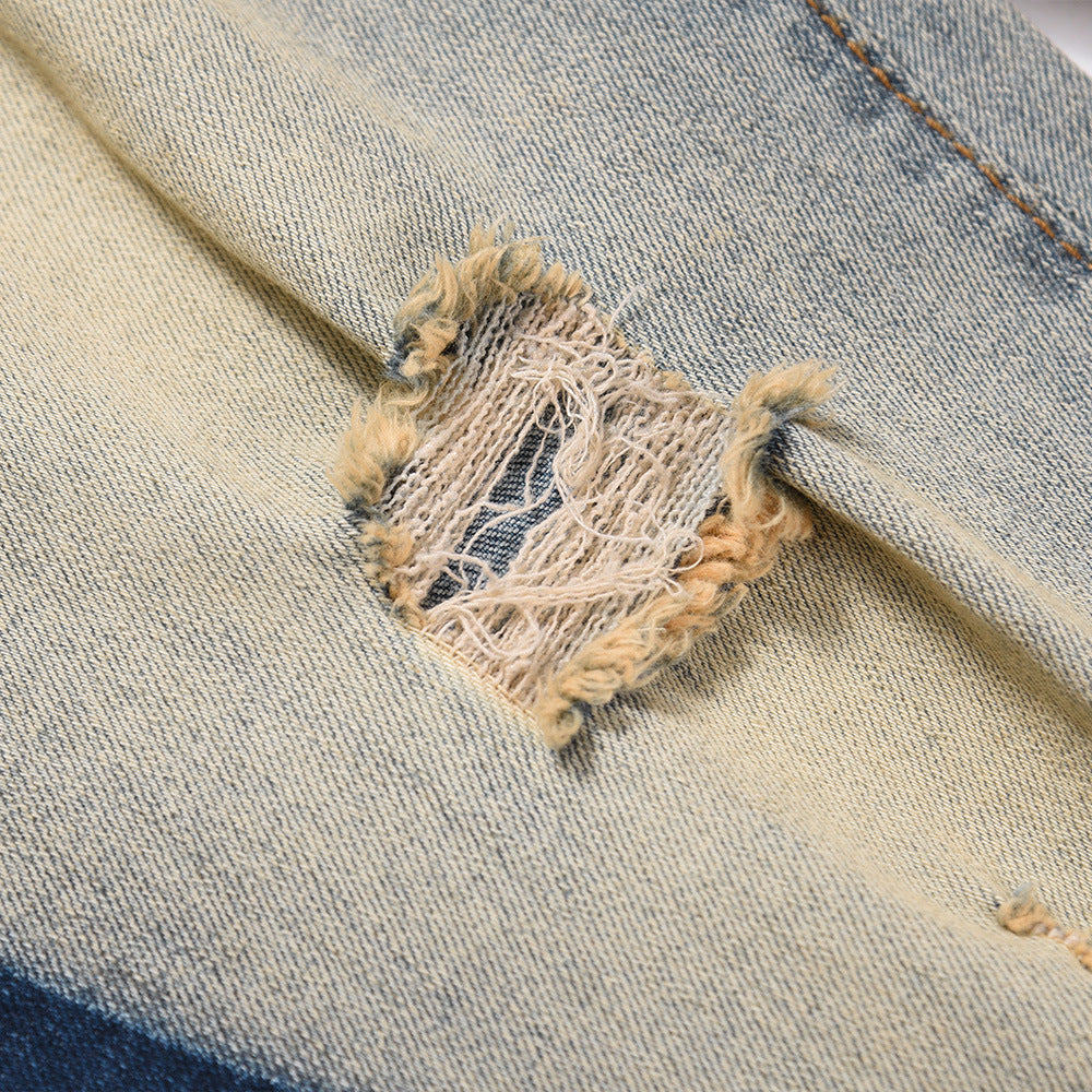 Men Jeans Color Matching Stitching Ripped Jeans Men's High Street Hip Hop Vintage Loose Wash Distressed Straight Long Pants