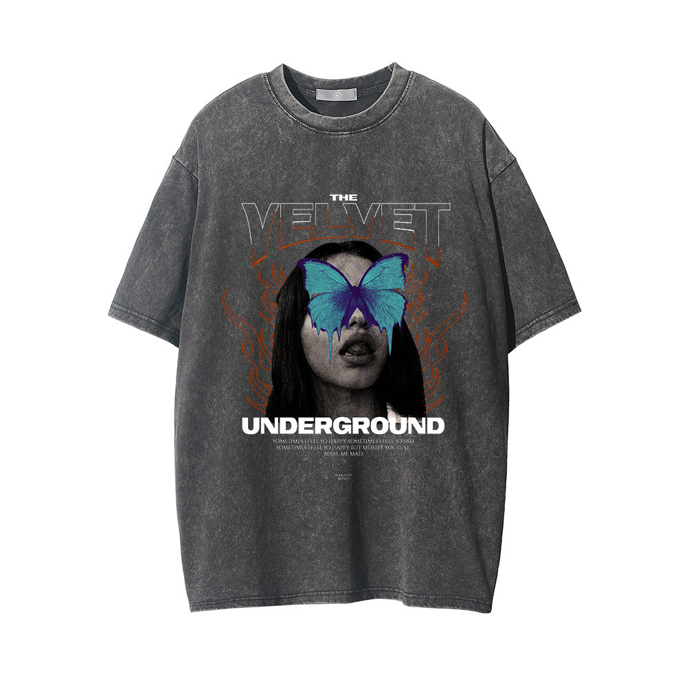 Men Vintage T-Shirt Printed Washed Distressed Short-Sleeved T-shirt Men's Loose round Neck Summer
