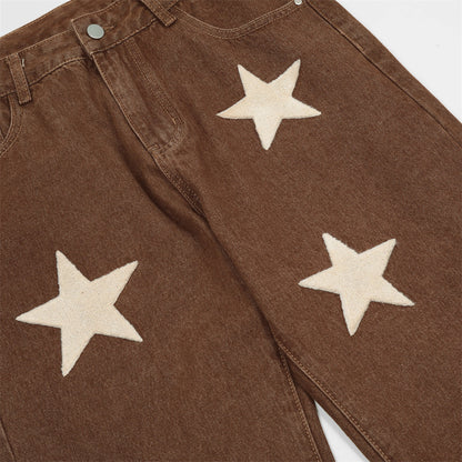 Men Jeans Retro Five-Pointed Star Embroidery Loose Casual