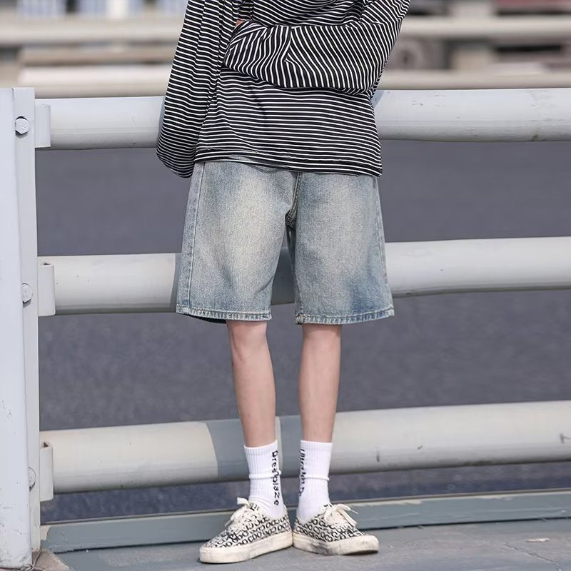 Men Jeans Retro Denim Shorts Men's Summer Washed Middle Pants Straight Wide Pants