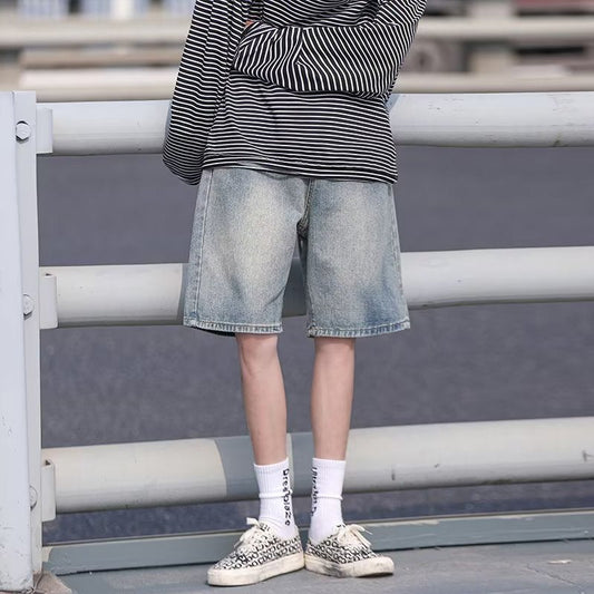 Men Jeans Retro Denim Shorts Men's Summer Washed Middle Pants Straight Wide Pants