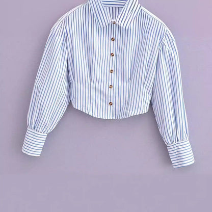 Women Tops Summer Stripes Cropped Shirt Lapel Single Breasted Cropped Top