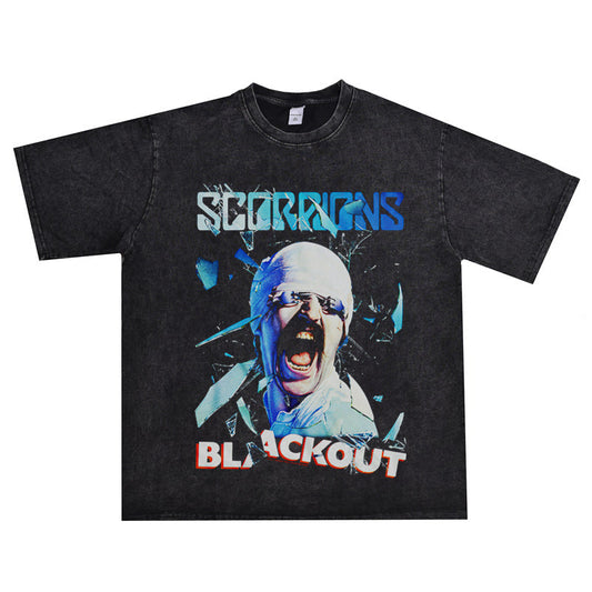 Rock Star T Shirt Scorpions Scorpions Short Sleeve Printed Cotton Washed Distressed T-shirt Men and Women Loose