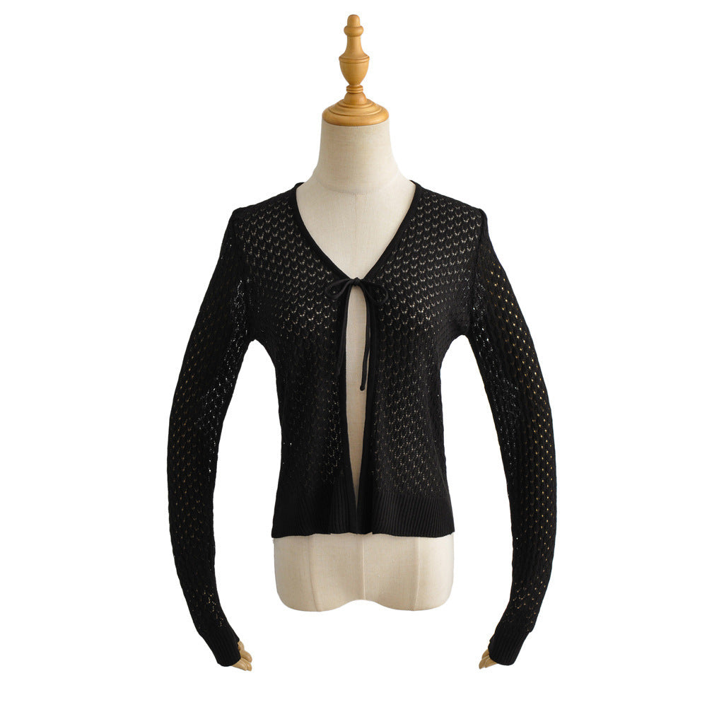 Women Sweater Knitwear Knitted Sun Protection Shirt Summer Slim Fit V-neck Hollow Lace-up Cardigan Jacket