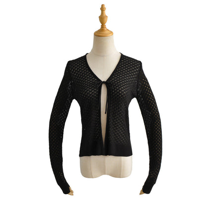 Women Sweater Knitwear Knitted Sun Protection Shirt Summer Slim Fit V-neck Hollow Lace-up Cardigan Jacket