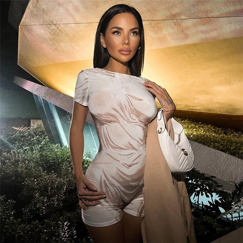 Women Jumpsuit Summer Casual round Neck Short Sleeves Tight One-Piece Shorts