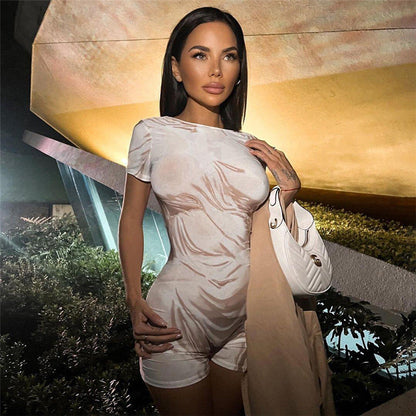 Women Jumpsuit Summer Casual round Neck Short Sleeves Tight One-Piece Shorts