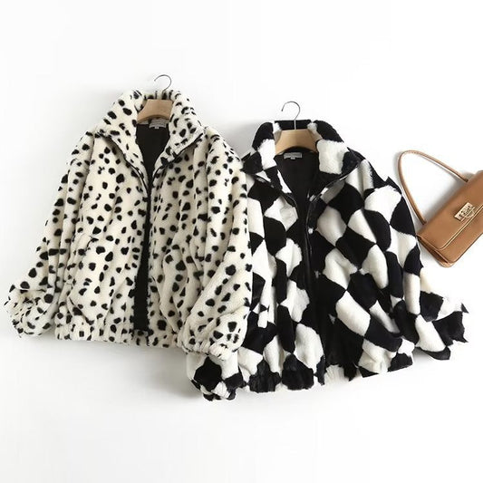 Women Cotton Coat Chessboard Plaid Coat Winter Loose Lapel