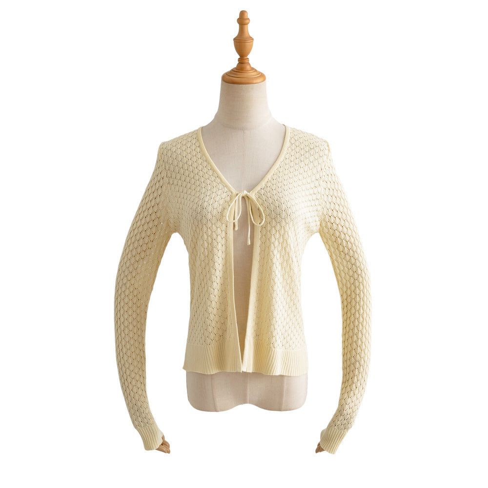 Women Sweater Knitwear Knitted Sun Protection Shirt Summer Slim Fit V-neck Hollow Lace-up Cardigan Jacket