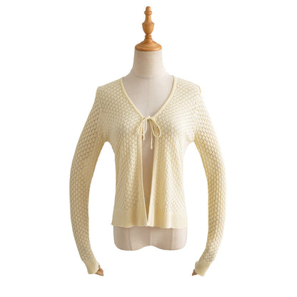 Women Sweater Knitwear Knitted Sun Protection Shirt Summer Slim Fit V-neck Hollow Lace-up Cardigan Jacket