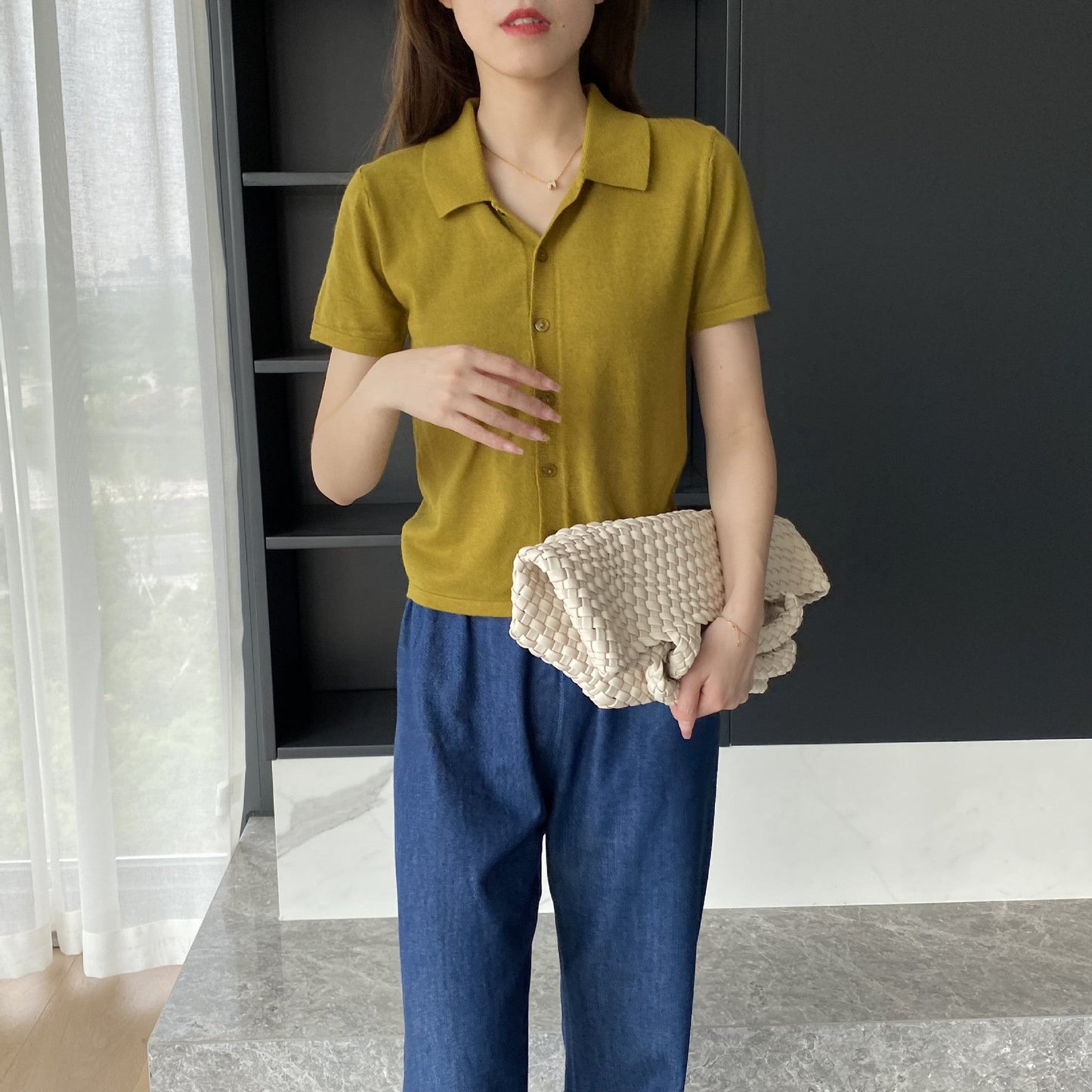 Women Knitted T-shirt Knitted Cardigan Jacket Slim Fit Short Sleeve Polo Collar Top