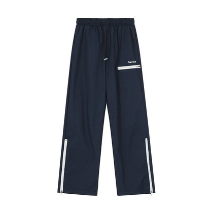 Men Sweatpants Zipper Slit Straight Casual Trousers Breathable Sports Wide-Leg Pants