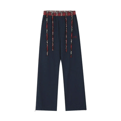 Men Sweatpants Straight Casual Pants Stitching Loose Long Sports Pants Elastic Waist Sports Drawstring Ankle Banded Pants