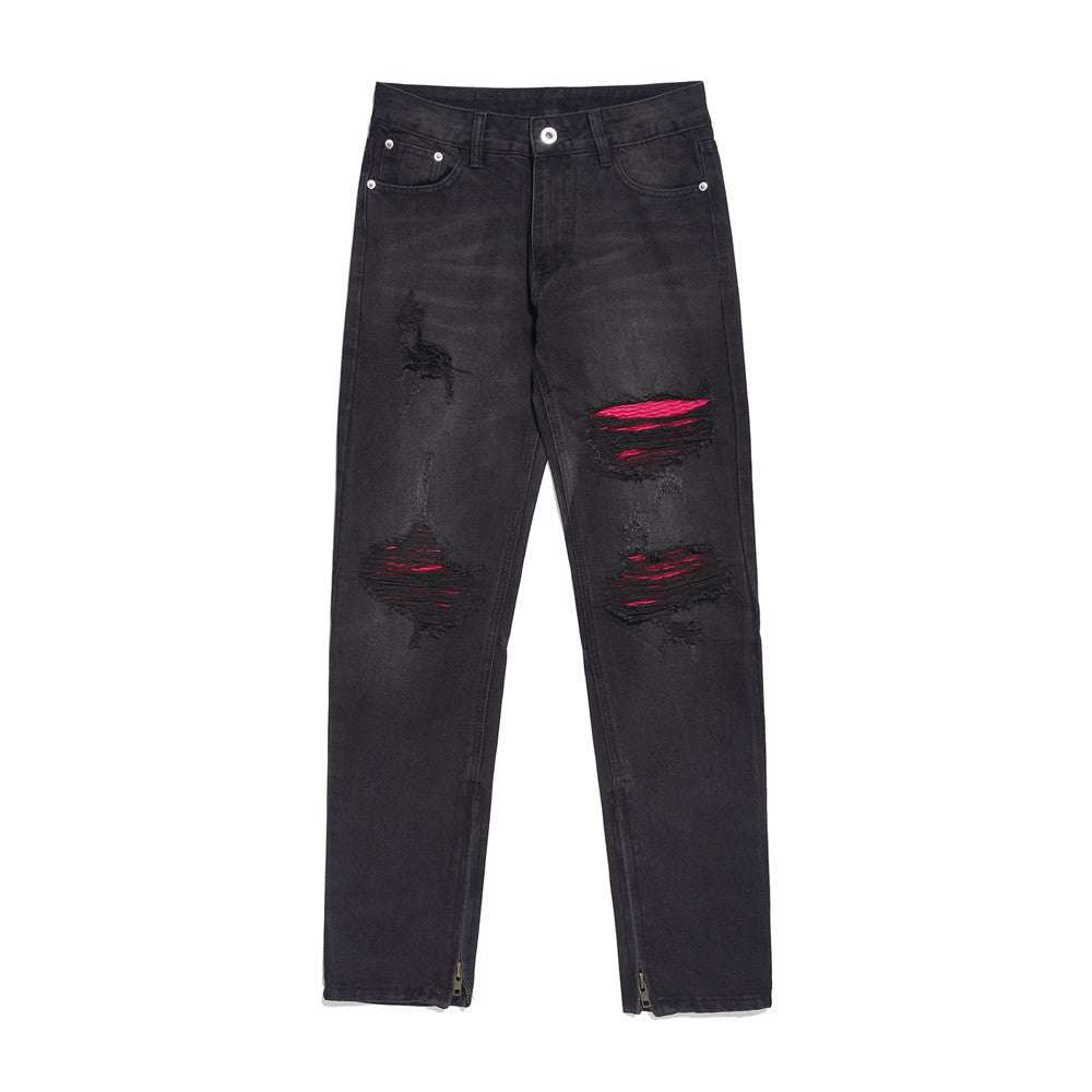 Men Jeans Patch Ripped Jeans Zipper Slit