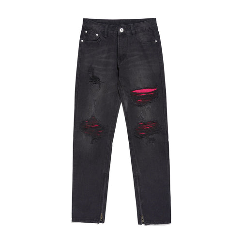 Men Jeans Patch Ripped Jeans Zipper Slit