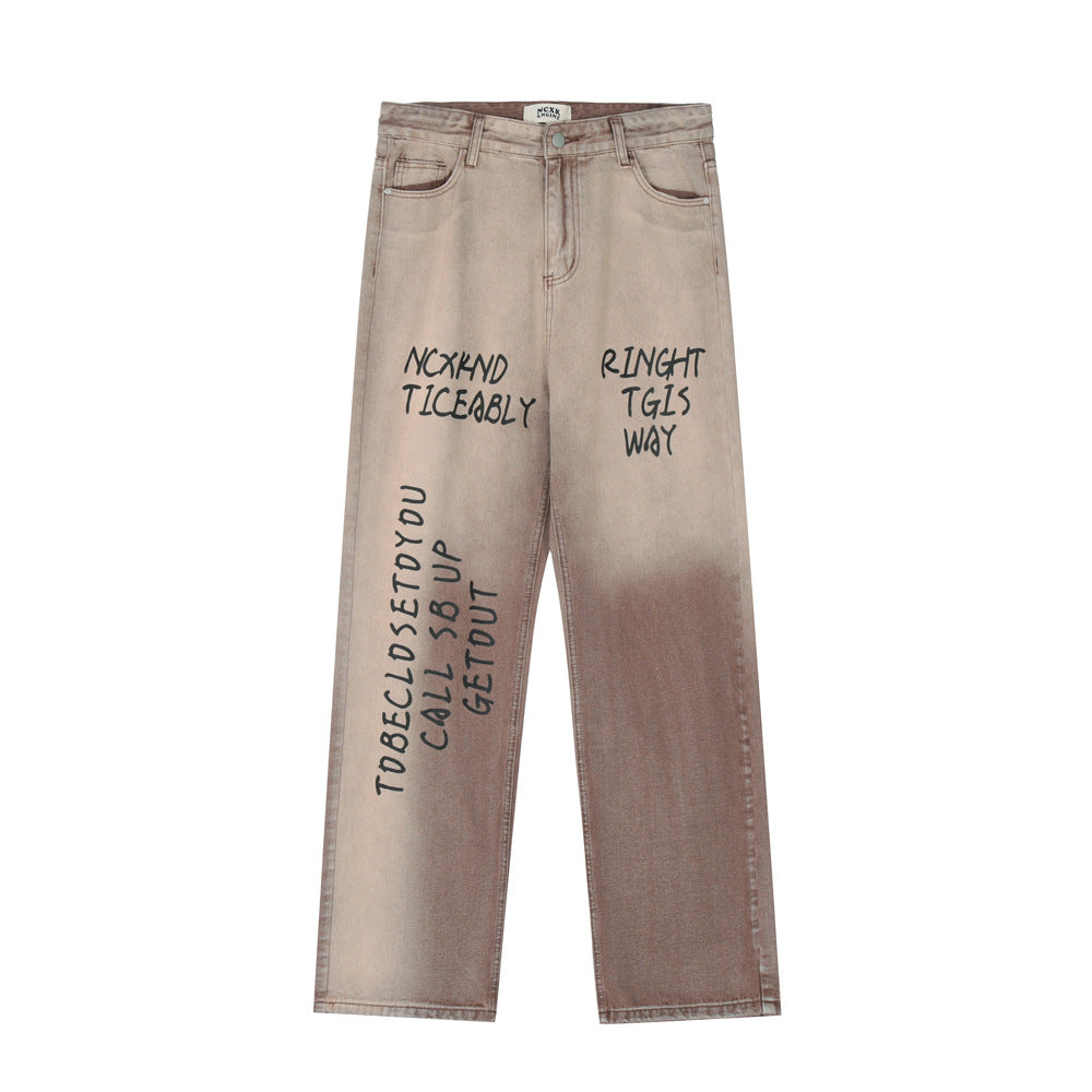 Men Jeans Loose Tie-Dye Gradient Wide Leg