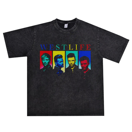 Rock Star T Shirt Westlife Xicheng Boy Washed Distressed T-shirt Short Sleeve Loose Cotton