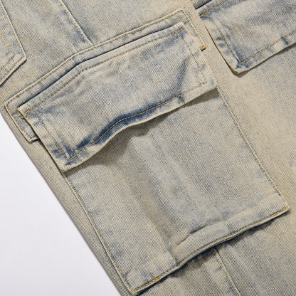 Men Jeans Multi-Pocket Loose Distressed Straight Casual