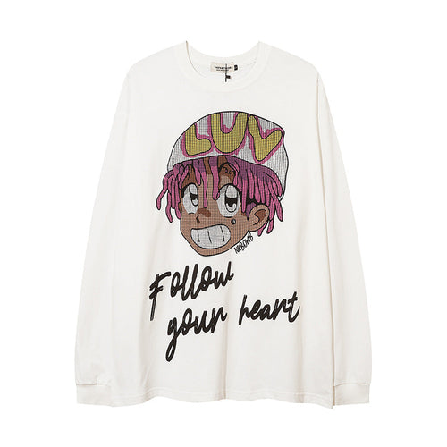 Men Long Sleeve T-shirt Cute Cartoon Anime Printed Loose