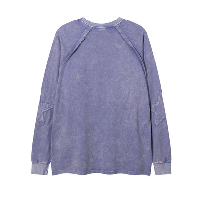 Men Long Sleeve T-Shirt Old Washing Water Paste Cloth Embroidery Five-Pointed Star