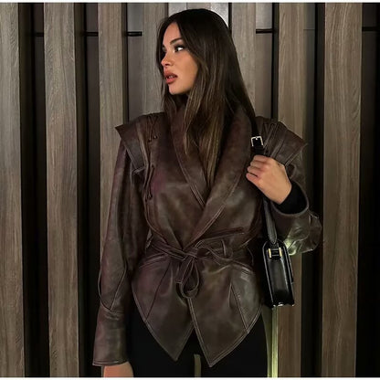 Women Tops Spring Retro Coffee Color Brown Leather Coat V-neck Lace-up Top