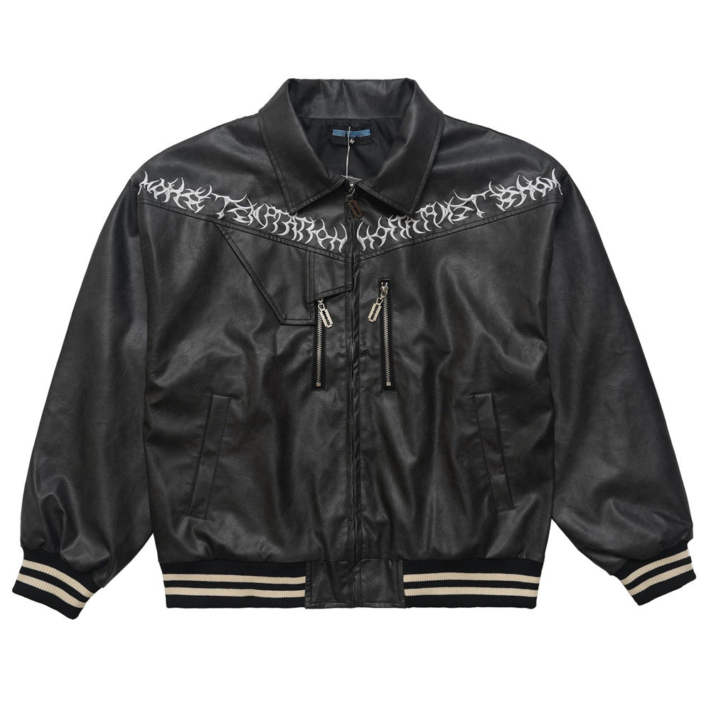 Men Jacket Coat Washed and Worn Leather Jacket Locomotive Style Embroidered Letters PU Leather Coat Autumn