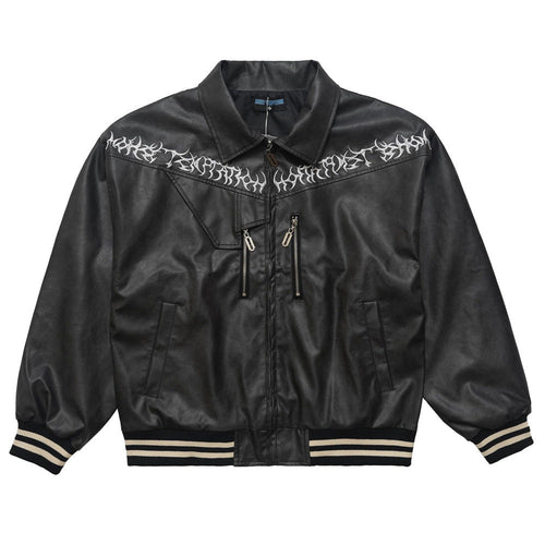 Men Jacket Coat Washed and Worn Leather Jacket Locomotive Style Embroidered Letters PU Leather Coat Autumn
