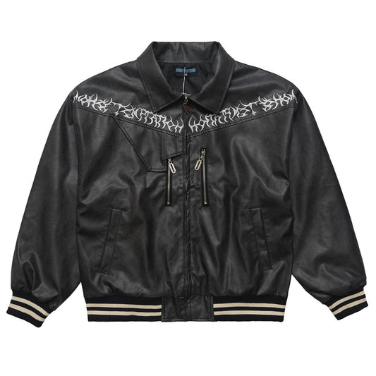 Men Jacket Coat Washed and Worn Leather Jacket Locomotive Style Embroidered Letters PU Leather Coat Autumn