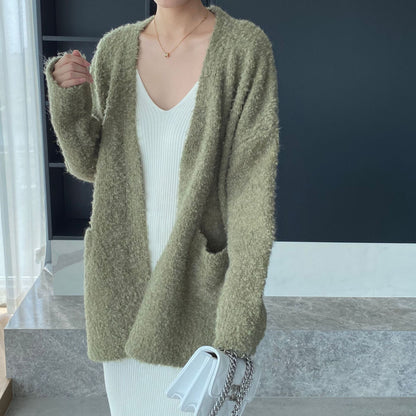 Women Cardigan Sweater V-neck Cardigan Jacket Long-Sleeved Loose Sweater Women's Mid-Length Coat 3t667