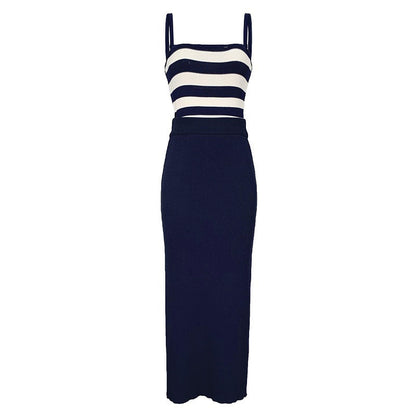 Women Vest Suspenders Knit Two-Piece Suit Striped Vest Skirt