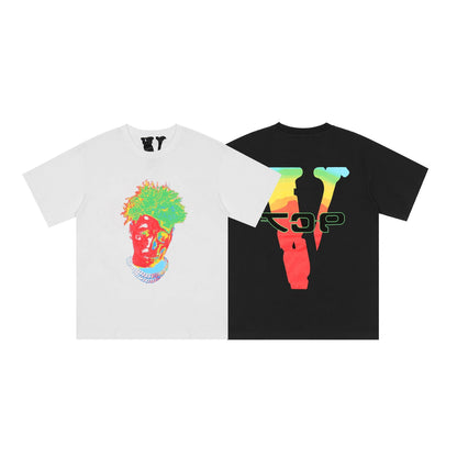 Vlone T Shirts Colorful Portrait Large V Printed Short Sleeve T-shirt Men and Women Hip Hop Loose Half Sleeve