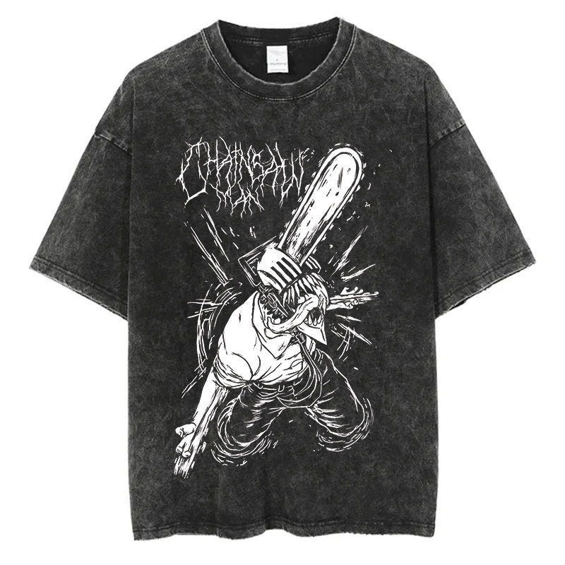 Anime Chainsaw Men Washed Tshirt Retro Hip Hop Streetwear
