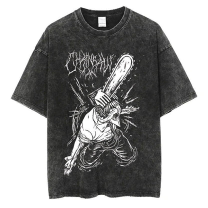 Anime Chainsaw Men Washed Tshirt Retro Hip Hop Streetwear