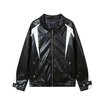 Women Jackets PU Leather Color Contrast Patchwork Motorcycle Jacket Vintage