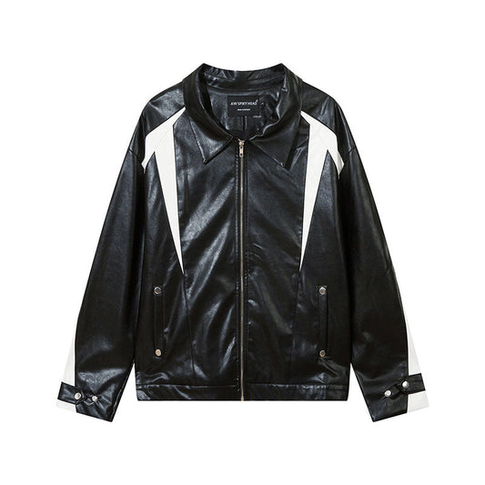 Women Jackets PU Leather Color Contrast Patchwork Motorcycle Jacket Vintage