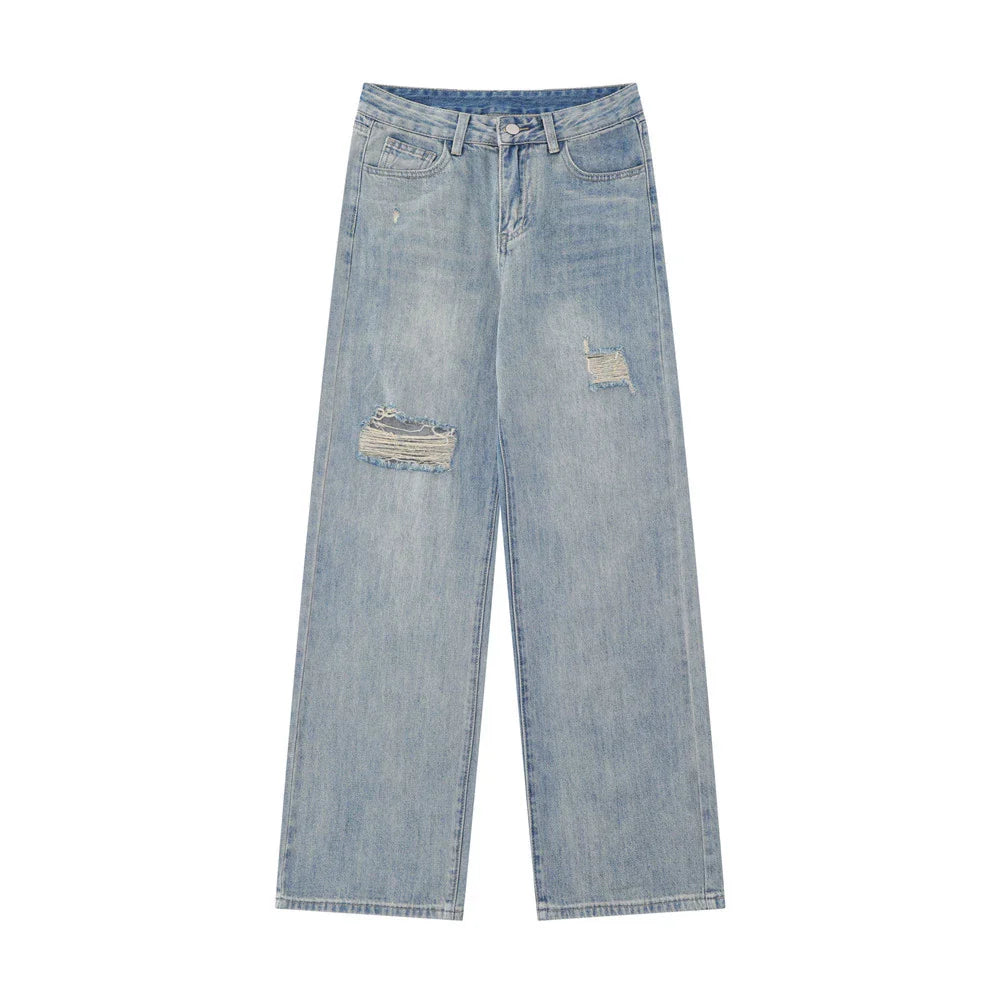 Women Pants Ripped Straight Jeans Wide Leg Loose Trousers